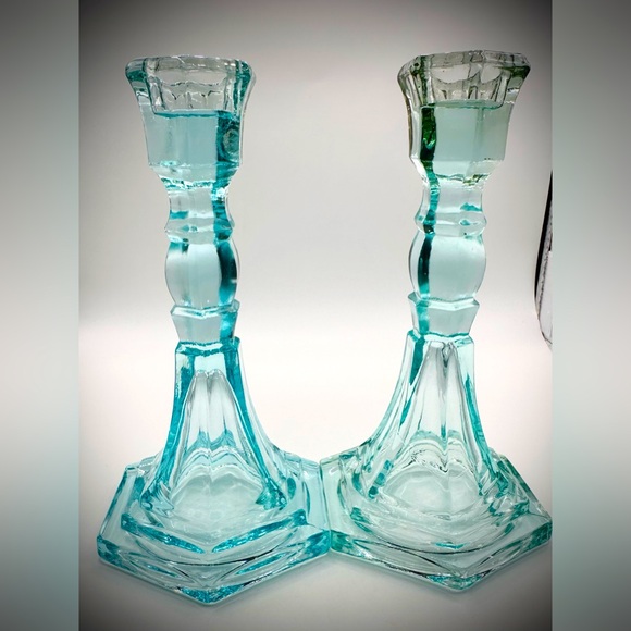 Other - Antique/Vintage Pair Ice Blue Art Deco Glass Candlesticks Holders-Approx 6.5"